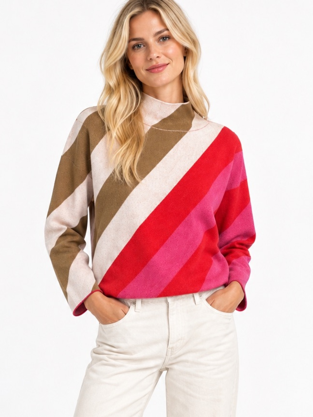 Maeve Anthropologie Carys Mock-Neck Sweater Diagonal Stripe Pink Red XS